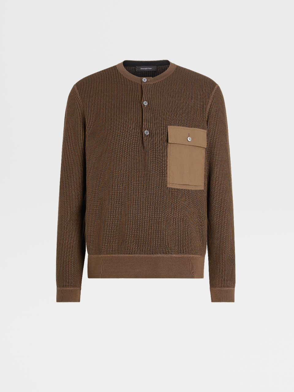 Brown and Black Cotton and Silk Knit Henley Shirt